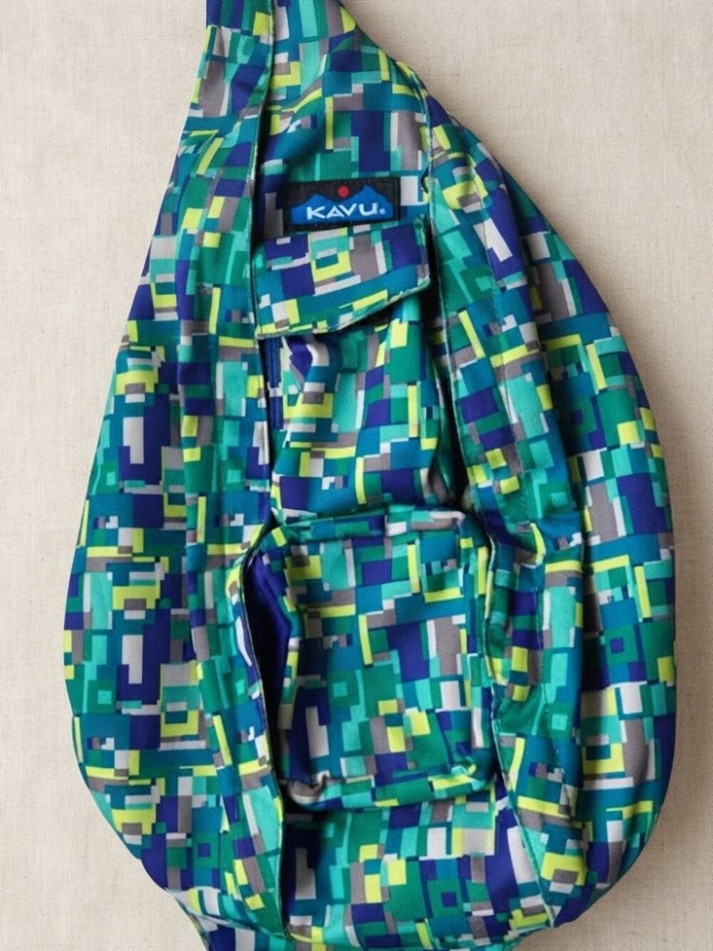 KAVU Rope Bag Teal Blue Geometric Print Sling Backpack